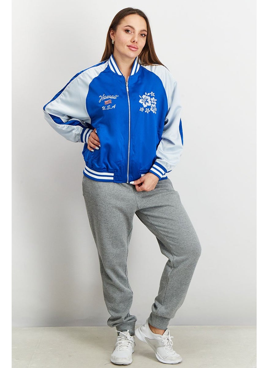 Don't Call Me Jennyfer - Women Baseball Collar Embroidered Bomber Jacket, Blue - Image 1