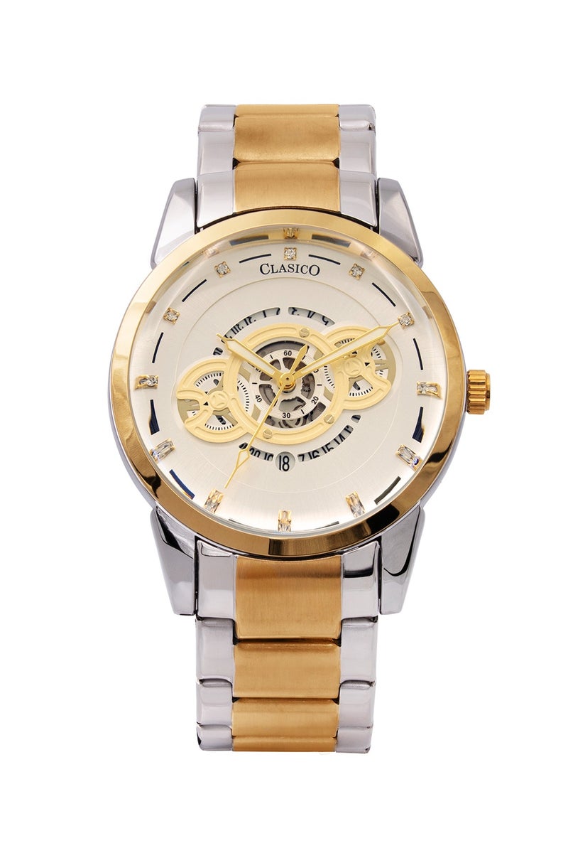 Clasico Spherix Open Heart Skeleton Mens Luxury Watch – White & Gold Edition with Two Tone Soft Metal Belt – Elite Y121 Calibre Movement – Waterproof Design - Image 1