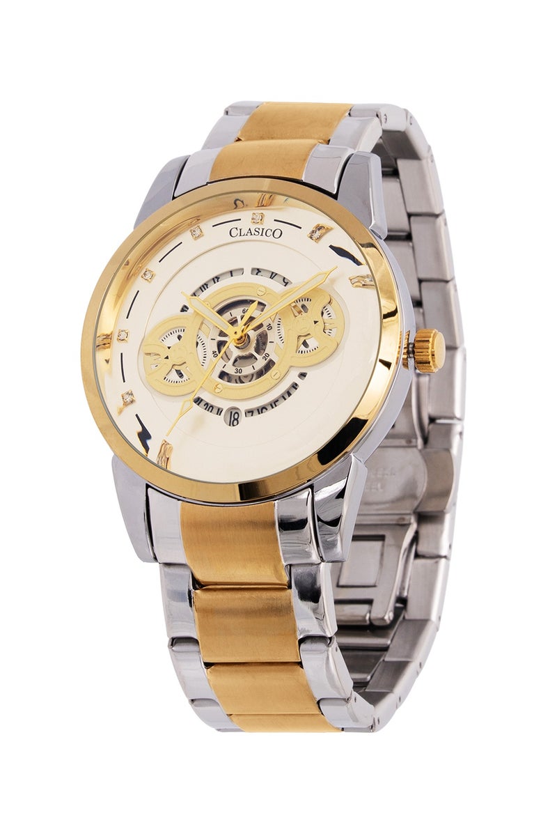 Clasico Spherix Open Heart Skeleton Mens Luxury Watch – White & Gold Edition with Two Tone Soft Metal Belt – Elite Y121 Calibre Movement – Waterproof Design - Image 2