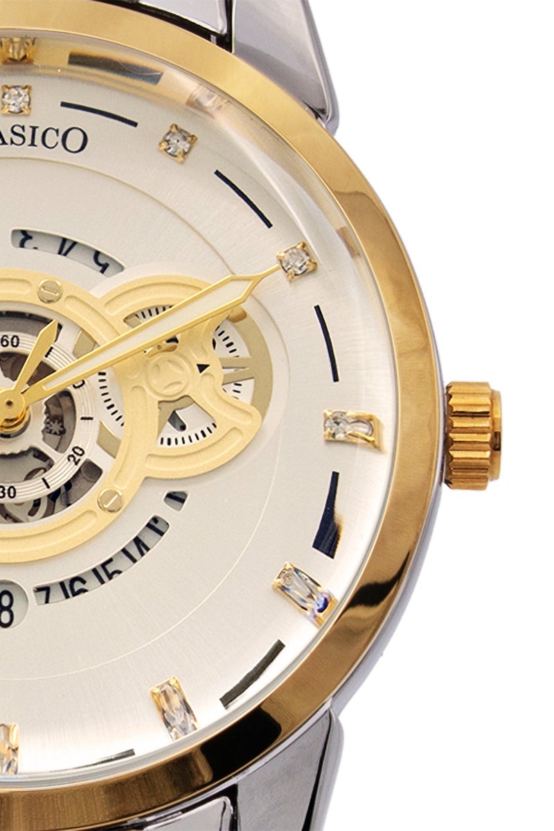 Clasico Spherix Open Heart Skeleton Mens Luxury Watch – White & Gold Edition with Two Tone Soft Metal Belt – Elite Y121 Calibre Movement – Waterproof Design - Image 3