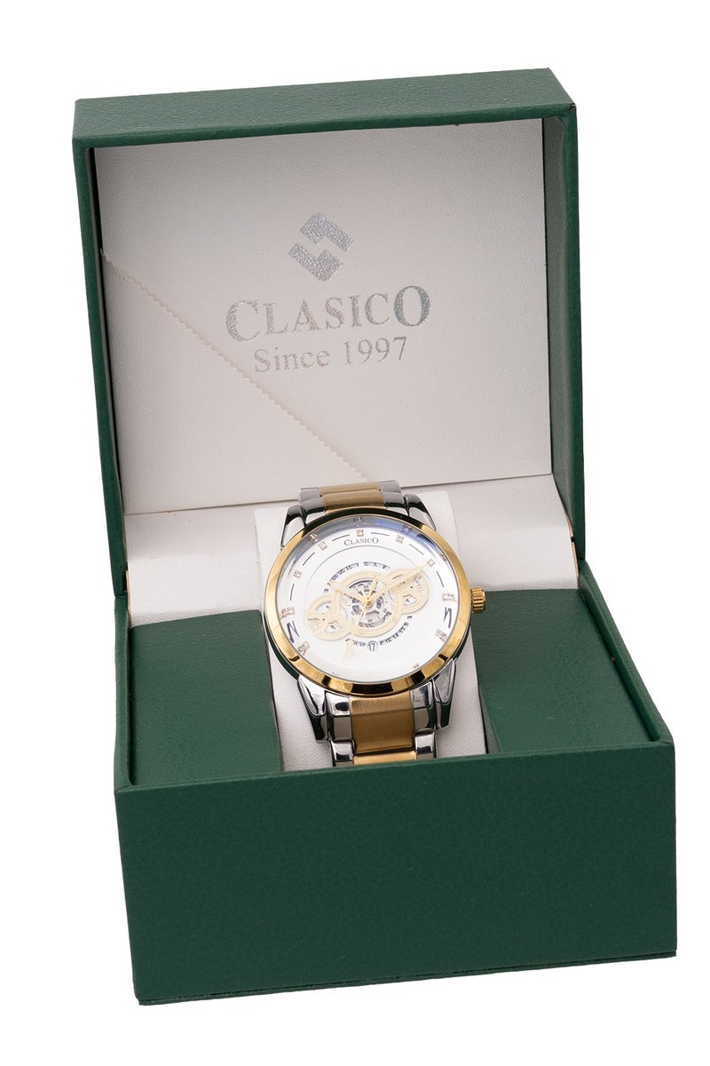 Clasico Spherix Open Heart Skeleton Mens Luxury Watch – White & Gold Edition with Two Tone Soft Metal Belt – Elite Y121 Calibre Movement – Waterproof Design - Image 5