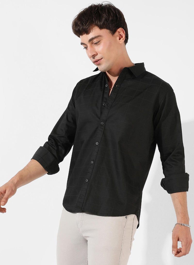 Campus Sutra Men's Black Textured Regular Fit Casual Shirt  - Image 2
