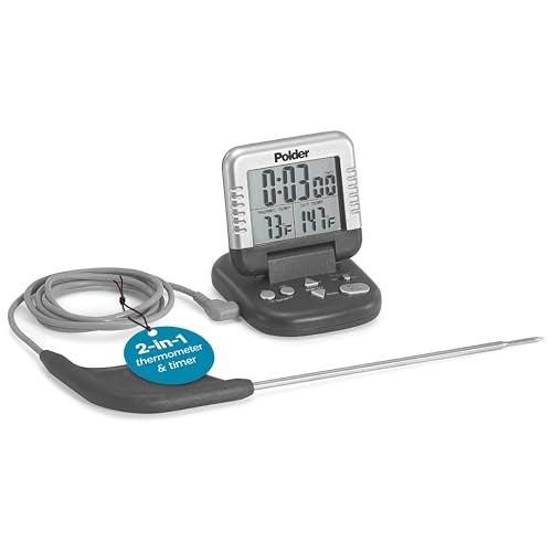 Polder Classic Digital Thermometer and Timer Meat Thermometer for Cooking Stainless Steel Probe 24Hour Countdown Timer with 40 Long HighHeat Silicone Cord
