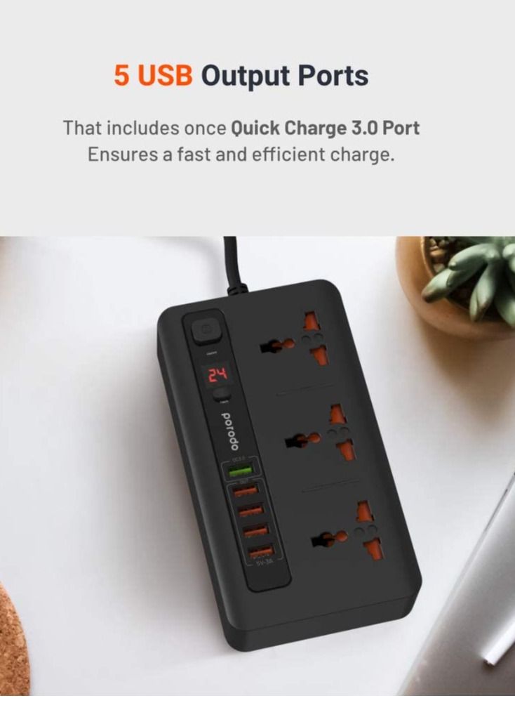 4 USB Port 3.4A + 1 Quick Charge 3.0 with 3 Universal Power Sockets 10A, Independent Power Switch with Timer,Sockets USB HUBS,Charging Station,Over Heat Protection (Black) - Image 3