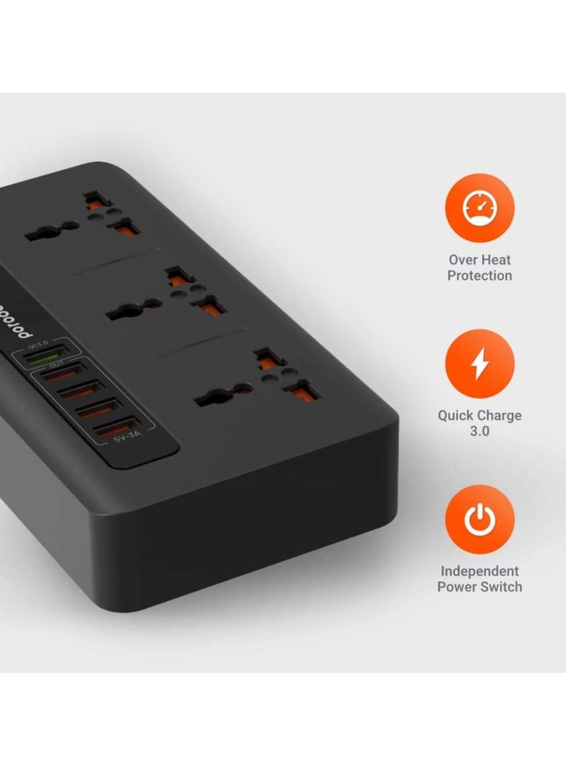 4 USB Port 3.4A + 1 Quick Charge 3.0 with 3 Universal Power Sockets 10A, Independent Power Switch with Timer,Sockets USB HUBS,Charging Station,Over Heat Protection (Black) - Image 2