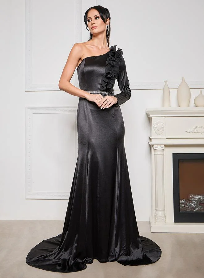 Styli One Shoulder Satin Maxi Dress with Corsage & Embellishment
