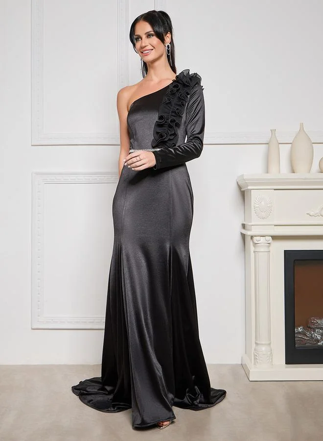 Styli One Shoulder Satin Maxi Dress with Corsage & Embellishment