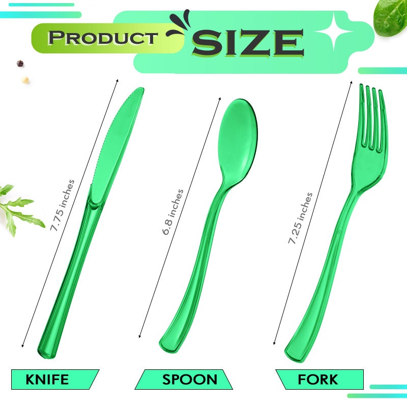 Minatee 150 Pieces Disposable Cutlery Set Plastic Silverware Heavy Duty Utensil Sets 50 Forks 50 Knives 50 Spoons for Home Office School Party Picnics Restaurant Outdoor Events or Every Day Use (Green) - Image 2