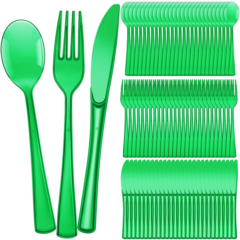 Minatee 150 Pieces Disposable Cutlery Set Plastic Silverware Heavy Duty Utensil Sets 50 Forks 50 Knives 50 Spoons for Home Office School Party Picnics Restaurant Outdoor Events or Every Day Use (Green) - Image 1