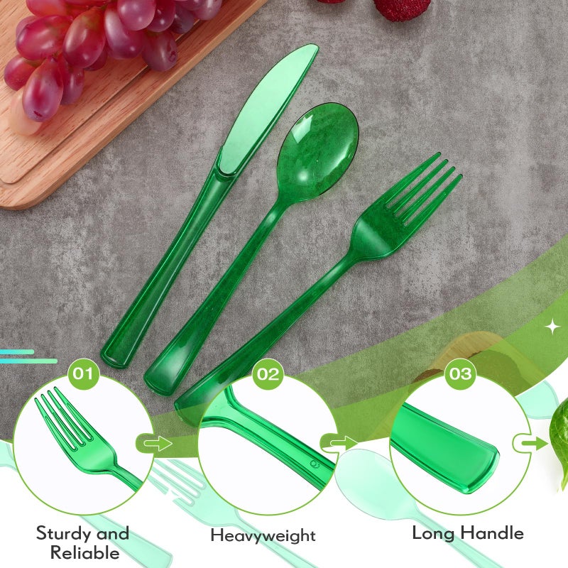 Minatee 150 Pieces Disposable Cutlery Set Plastic Silverware Heavy Duty Utensil Sets 50 Forks 50 Knives 50 Spoons for Home Office School Party Picnics Restaurant Outdoor Events or Every Day Use (Green) - Image 3