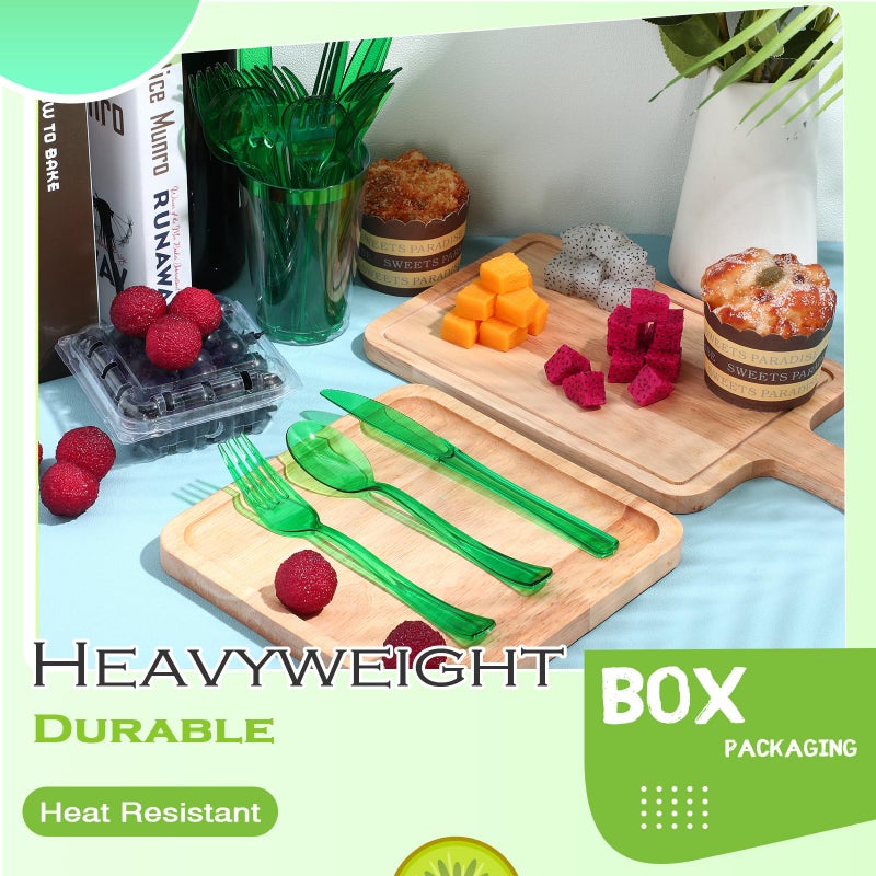 Minatee 150 Pieces Disposable Cutlery Set Plastic Silverware Heavy Duty Utensil Sets 50 Forks 50 Knives 50 Spoons for Home Office School Party Picnics Restaurant Outdoor Events or Every Day Use (Green) - Image 4