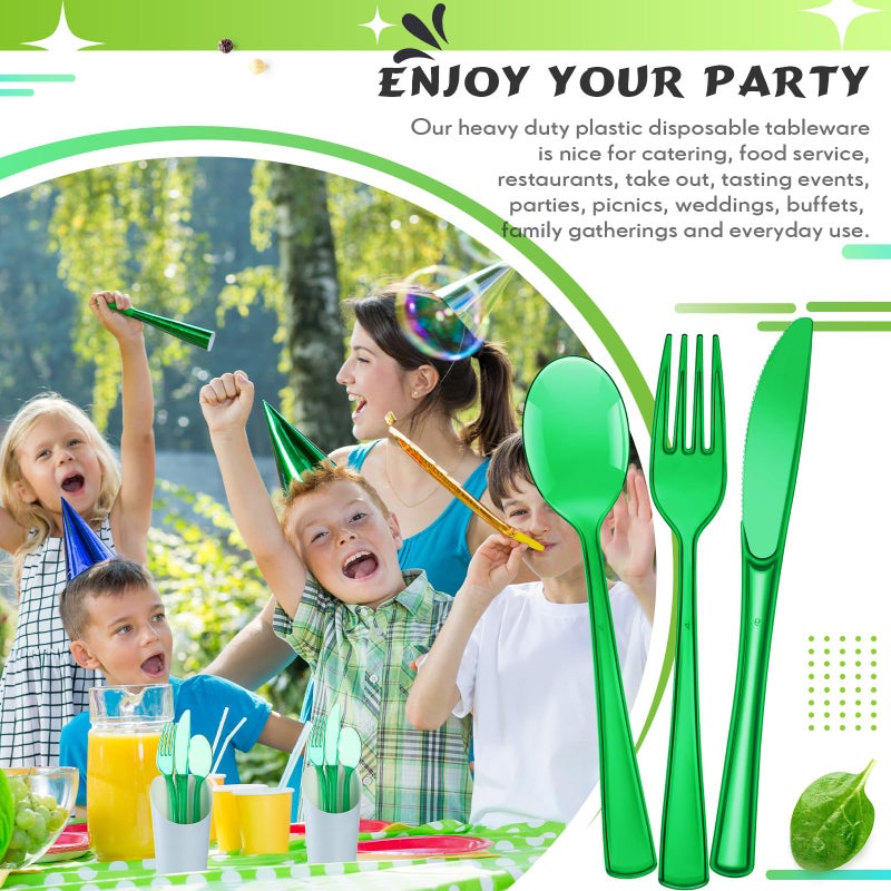 Minatee 150 Pieces Disposable Cutlery Set Plastic Silverware Heavy Duty Utensil Sets 50 Forks 50 Knives 50 Spoons for Home Office School Party Picnics Restaurant Outdoor Events or Every Day Use (Green) - Image 5