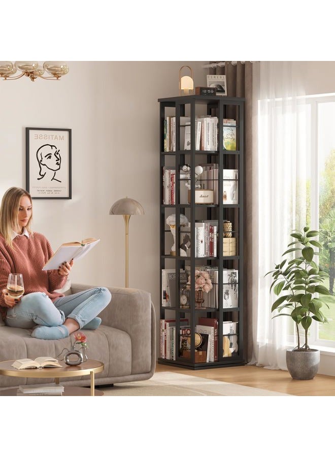 Aheaplus Rotating Bookshelf, Corner Bookcase, 360 Display Wood Spinning Bookshelves, Floor Standing Bookcases Narrow Shelf, 5 Tiers, Black - Image 2