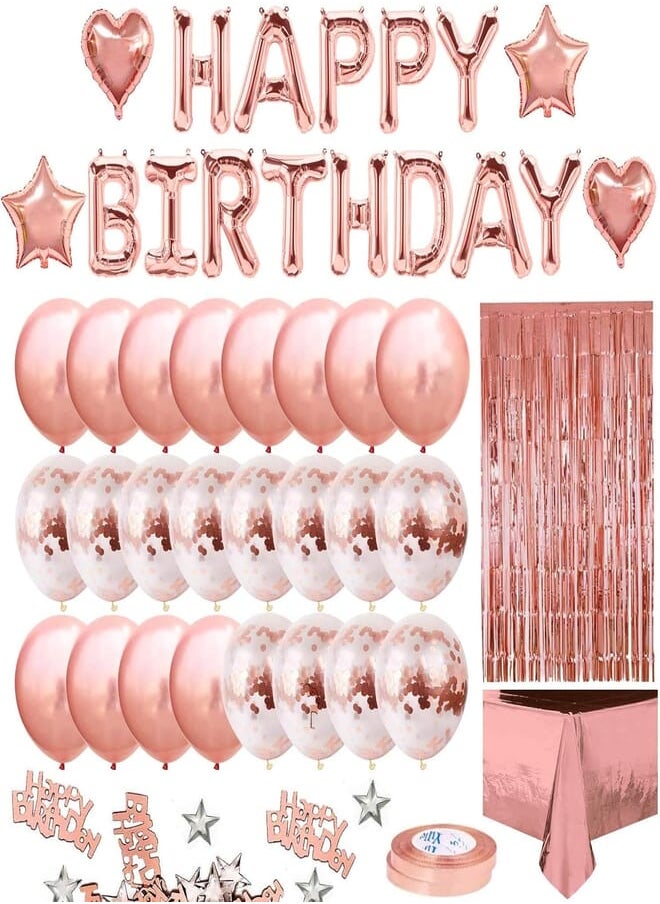 LEE - Rose Gold Birthday Party Decoration, Happy Birthday Banner, Rose Gold Fringe Curtain, Foil Tablecloth, Heart Star Foil Confetti Balloons and 10g Table Confetti for Birthday Party - Image 1