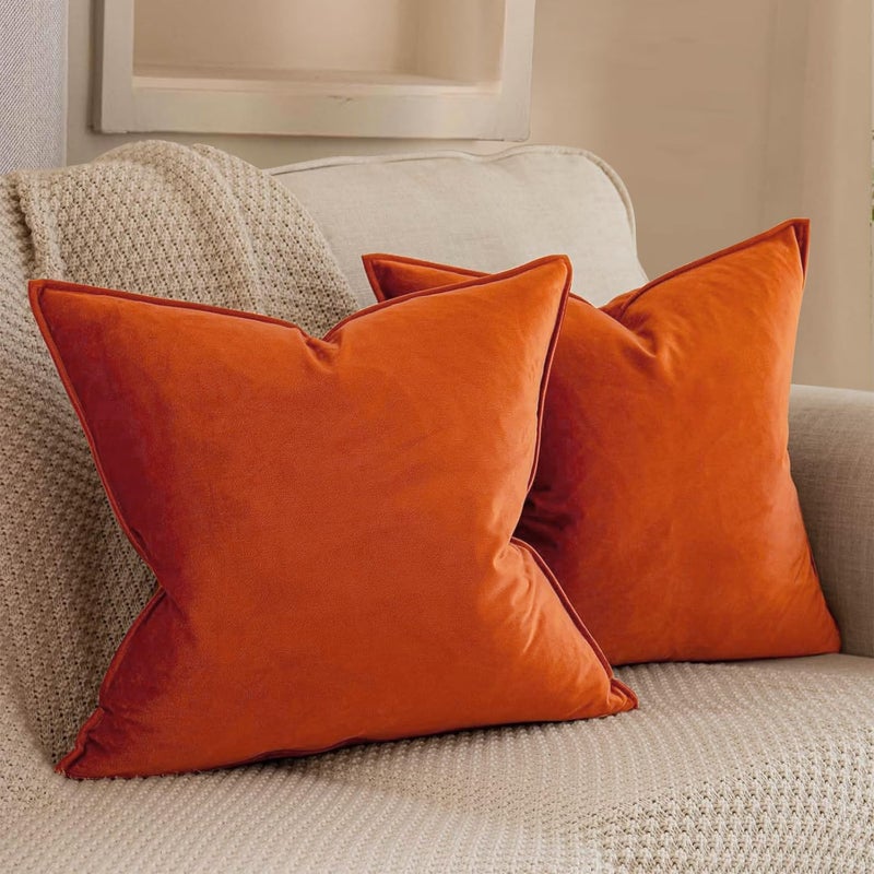 VAKADO Throw Pillow Covers 18x18 Set of 2 Burnt Orange Velvet Decor Decorative Couch Cushion Autumn Fall Euro Pillowcases with Fringe Home Bed Decoration for Sofa Bedroom Office - Image 1
