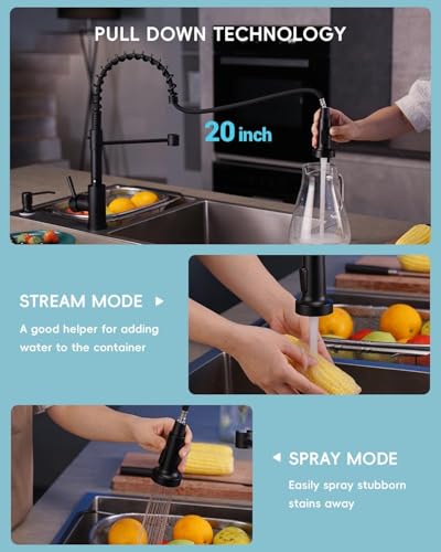 APPASO Black Kitchen Faucet with Soap Dispenser and Pull Down Sprayer LeadFree SUS304 Stainless Steel Commercial SingleHandle Spring Faucet for Kitchen Sink Matte Black CUPCCertified Parts - Image 3