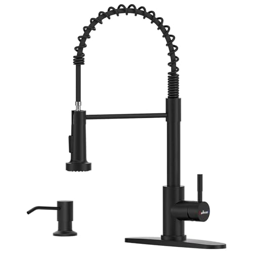 APPASO Black Kitchen Faucet with Soap Dispenser and Pull Down Sprayer LeadFree SUS304 Stainless Steel Commercial SingleHandle Spring Faucet for Kitchen Sink Matte Black CUPCCertified Parts - Image 1