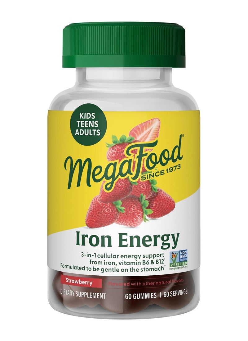 MegaFood MegaFood Iron Energy Gummies - Vegan & Gluten-Free Iron supplement for women, men, teens & kids with Vitamin B12 & B6, from The makers of Blood Builder Iron Supplement, Strawberry flavor - 60 gummies  - Image 1