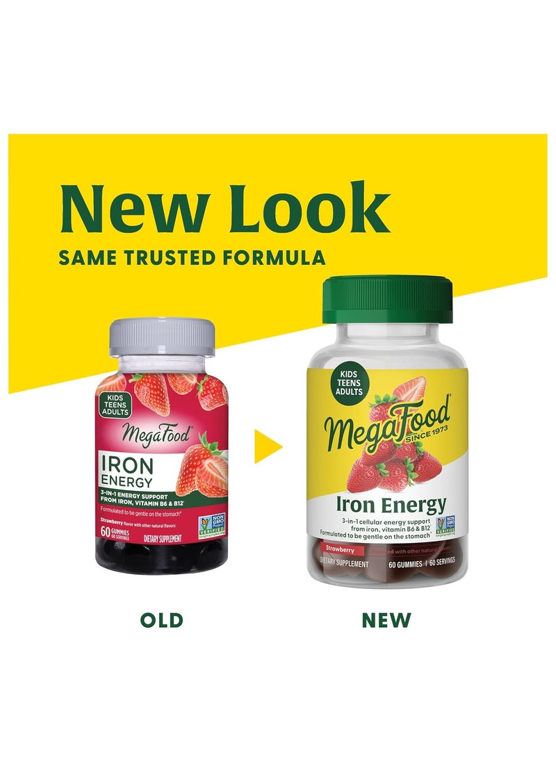 MegaFood - MegaFood Iron Energy Gummies - Vegan & Gluten-Free Iron supplement for women, men, teens & kids with Vitamin B12 & B6, from The makers of Blood Builder Iron Supplement, Strawberry flavor - 60 gummies - Image 1