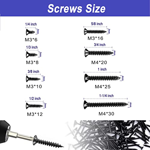 JERLITU 480pcs Wood Screws Assortment Kit, M3 M4 Small Screws Set, Phillips Drive Flat Head Self Tapping Screw, CabinetScrew, Black Wood Screws, 8 Sizes Short Screws Fasteners with 30pcs screwAnchorss - Image 2