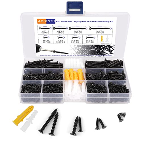 JERLITU 480pcs Wood Screws Assortment Kit, M3 M4 Small Screws Set, Phillips Drive Flat Head Self Tapping Screw, CabinetScrew, Black Wood Screws, 8 Sizes Short Screws Fasteners with 30pcs screwAnchorss - Image 1