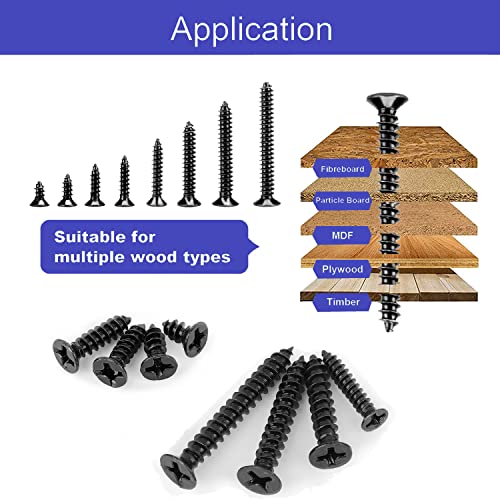 JERLITU 480pcs Wood Screws Assortment Kit, M3 M4 Small Screws Set, Phillips Drive Flat Head Self Tapping Screw, CabinetScrew, Black Wood Screws, 8 Sizes Short Screws Fasteners with 30pcs screwAnchorss - Image 5