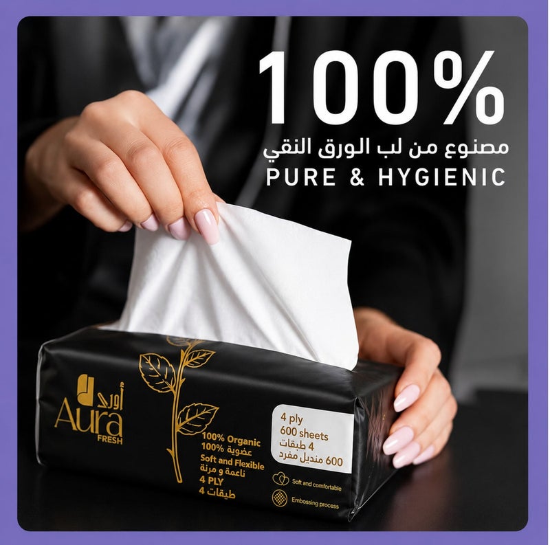 AURA Soft Facial Tissue 10 Pack x 600 Sheets, 4 Ply Premium Soft & Strong Tissue Paper, Ultra Soft Facial Tissues for Home, Office, Car & Travel, Gentle on Skin, White Tissue Napkins - Image 4