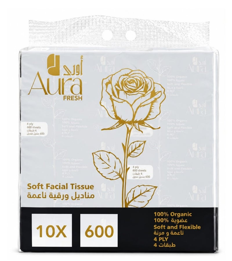 AURA Soft Facial Tissue 10 Pack x 600 Sheets, 4 Ply Premium Soft & Strong Tissue Paper, Ultra Soft Facial Tissues for Home, Office, Car & Travel, Gentle on Skin, White Tissue Napkins - Image 2
