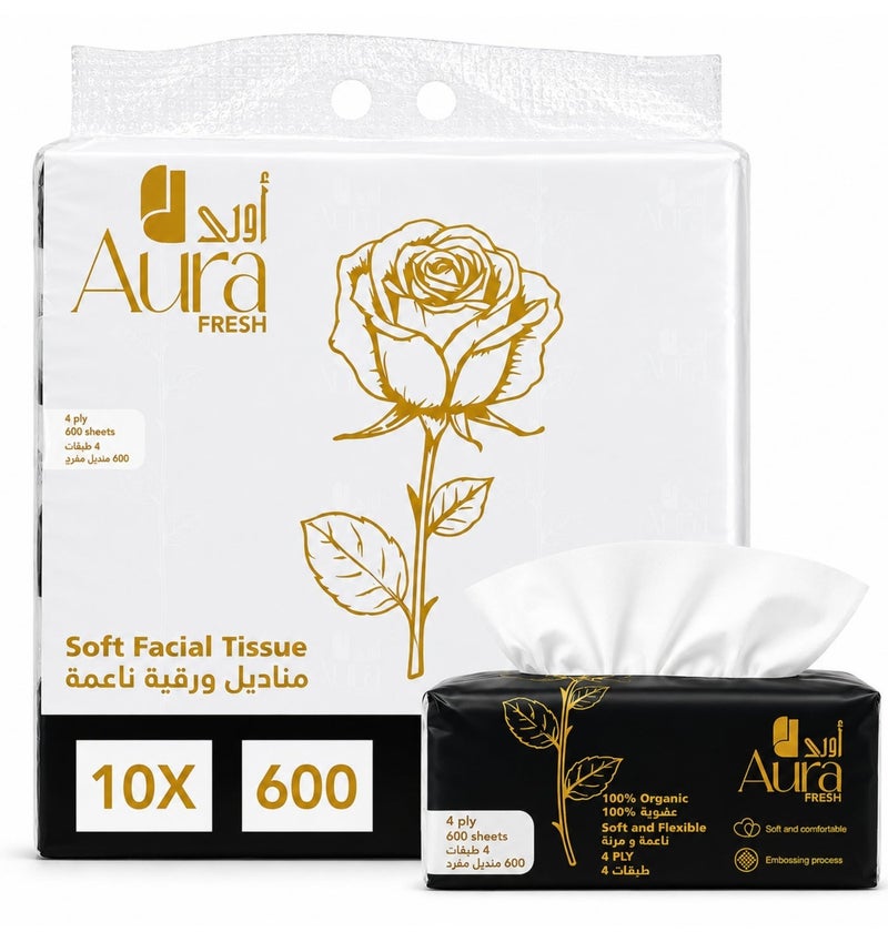 AURA Soft Facial Tissue 10 Pack x 600 Sheets, 4 Ply Premium Soft & Strong Tissue Paper, Ultra Soft Facial Tissues for Home, Office, Car & Travel, Gentle on Skin, White Tissue Napkins - Image 1