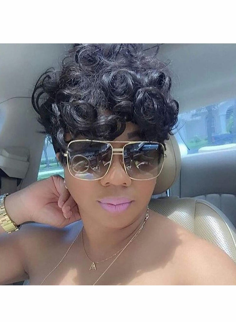Natural Black Short Wavy Pixie Cut Wig with Bangs - Fluffy, Heat Resistant Synthetic Hair for Daily Wear - Image 1