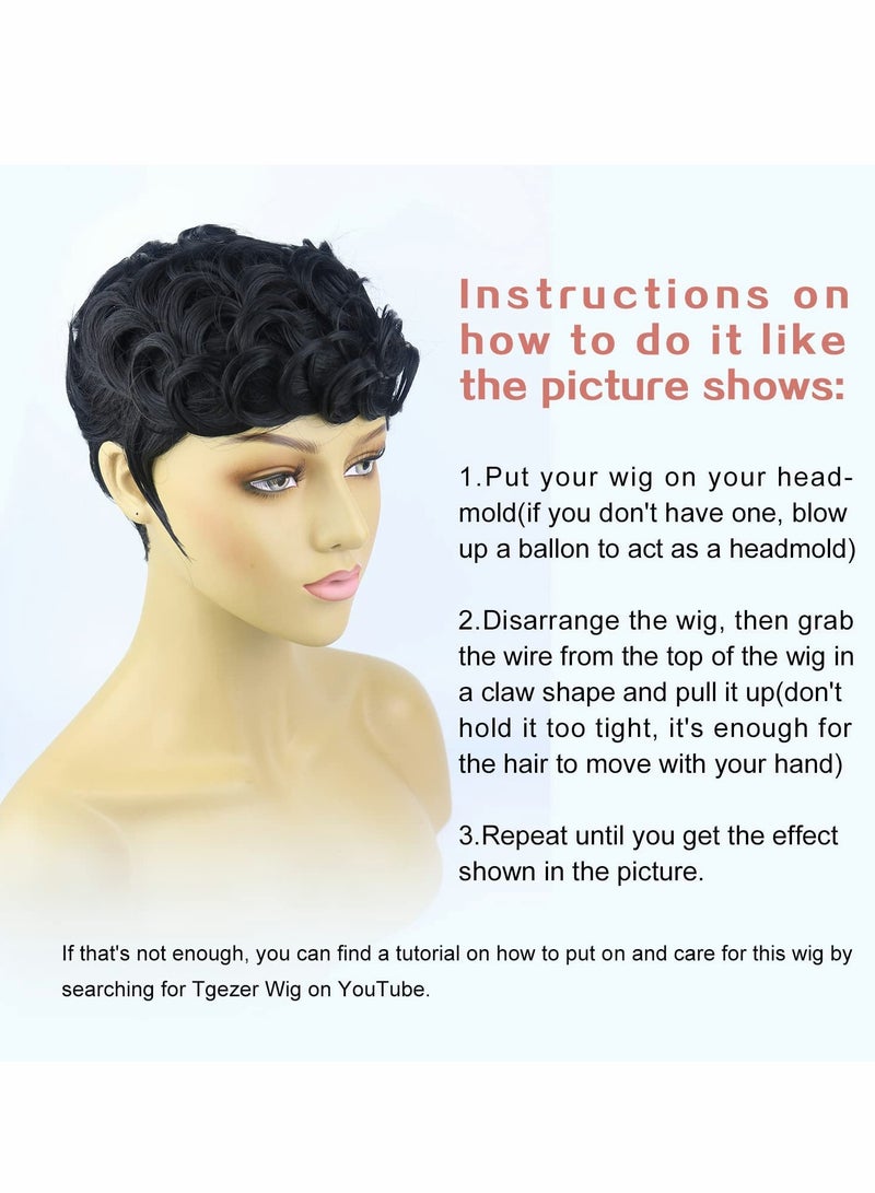 Natural Black Short Wavy Pixie Cut Wig with Bangs - Fluffy, Heat Resistant Synthetic Hair for Daily Wear - Image 3