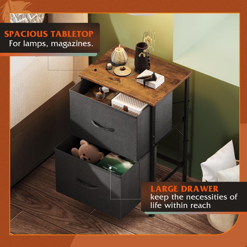 WLIVE Nightstand, Nightstand with 2 Drawers, Bedside Furniture, Night Stand, Small Dresser for Bedroom, College Dorm, End Table with Fabric Bins, Dormitory, Black and Rustic Brown - Image 5