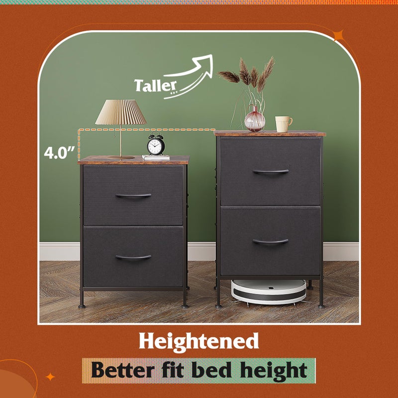 WLIVE Nightstand, Nightstand with 2 Drawers, Bedside Furniture, Night Stand, Small Dresser for Bedroom, College Dorm, End Table with Fabric Bins, Dormitory, Black and Rustic Brown - Image 3