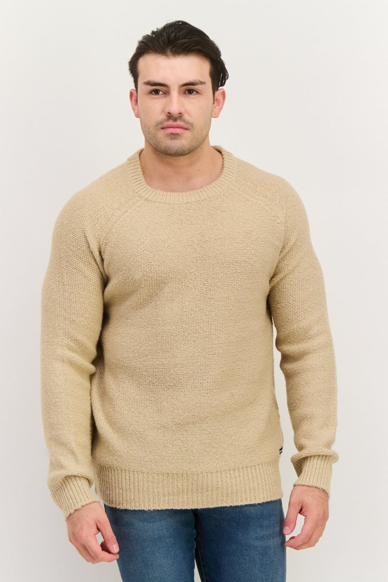 Threadbare Men Crew Neck Long Sleeve Knitted Sweater, Beige - Image 1