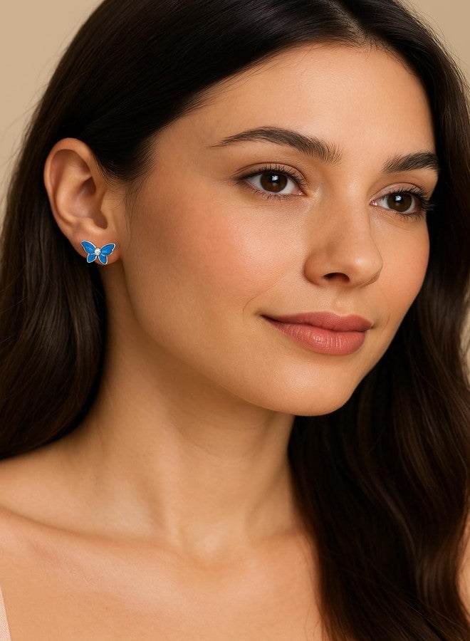 SilverCloseOut Rhodium Plated Sterling Silver Womens Cz Created Blue Opal Butterfly Stud Earrings Opal Butterfly Studs for Ladies - Image 2