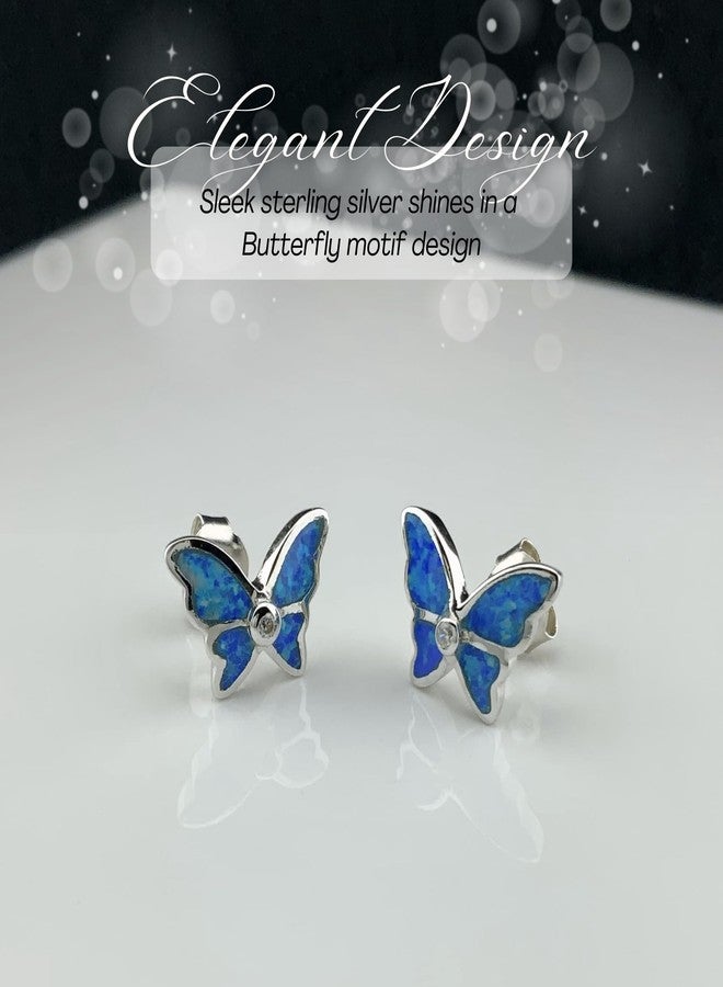 SilverCloseOut Rhodium Plated Sterling Silver Womens Cz Created Blue Opal Butterfly Stud Earrings Opal Butterfly Studs for Ladies - Image 3