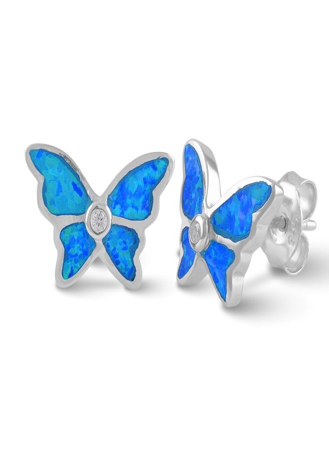 SilverCloseOut Rhodium Plated Sterling Silver Womens Cz Created Blue Opal Butterfly Stud Earrings Opal Butterfly Studs for Ladies - Image 1