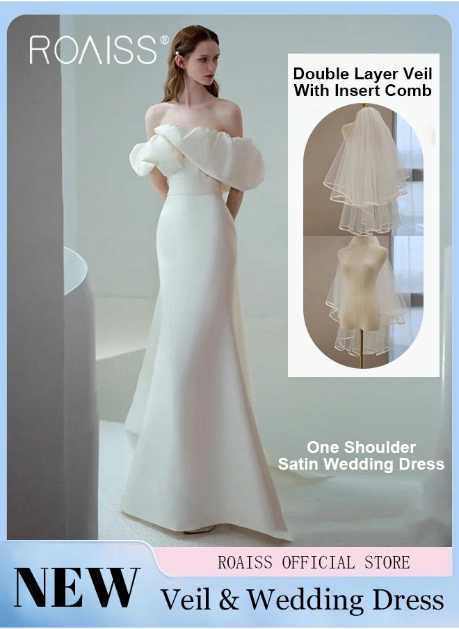 roaiss - One Shoulder Wedding Dress for Women White Satin Mermaid Sleeveless Evening Prom Gowns Bridal Trailing Dresses with Double Veil - Image 1