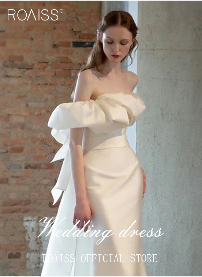 roaiss - One Shoulder Wedding Dress for Women White Satin Mermaid Sleeveless Evening Prom Gowns Bridal Trailing Dresses with Double Veil - Image 1