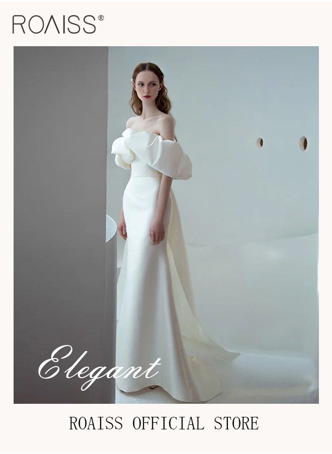 roaiss - One Shoulder Wedding Dress for Women White Satin Mermaid Sleeveless Evening Prom Gowns Bridal Trailing Dresses with Double Veil - Image 1