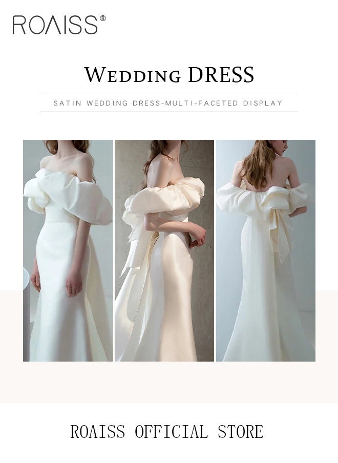 roaiss - One Shoulder Wedding Dress for Women White Satin Mermaid Sleeveless Evening Prom Gowns Bridal Trailing Dresses with Double Veil - Image 1
