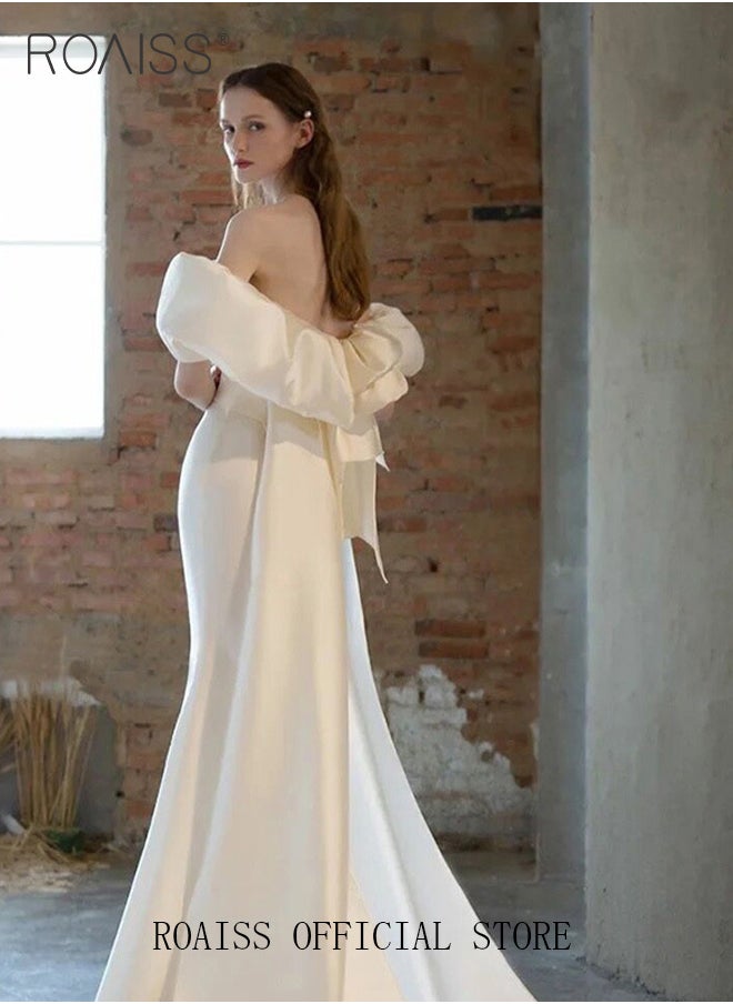 roaiss - One Shoulder Wedding Dress for Women White Satin Mermaid Sleeveless Evening Prom Gowns Bridal Trailing Dresses with Double Veil - Image 1