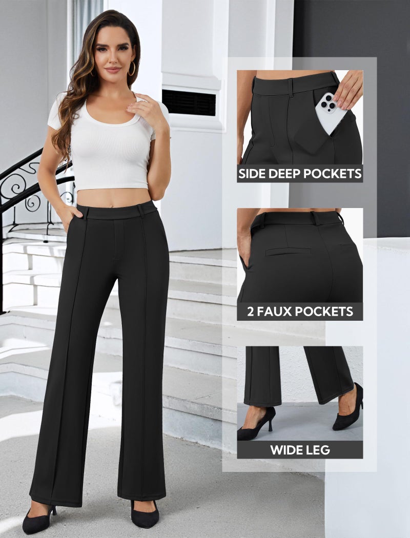 DLOODA Women's Dress Pants Business Casual Stretchy Work Pants High Waisted Pull On Slacks Office Wide Leg Trousers Black - Image 4