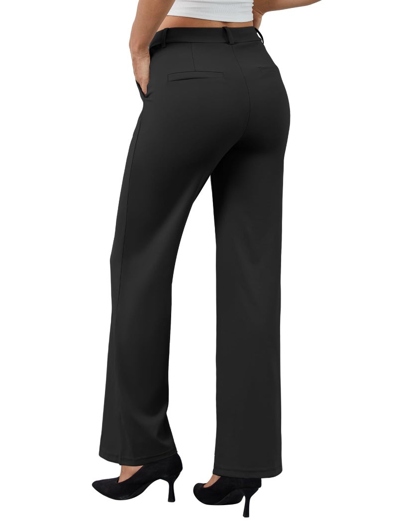 DLOODA Women's Dress Pants Business Casual Stretchy Work Pants High Waisted Pull On Slacks Office Wide Leg Trousers Black - Image 2