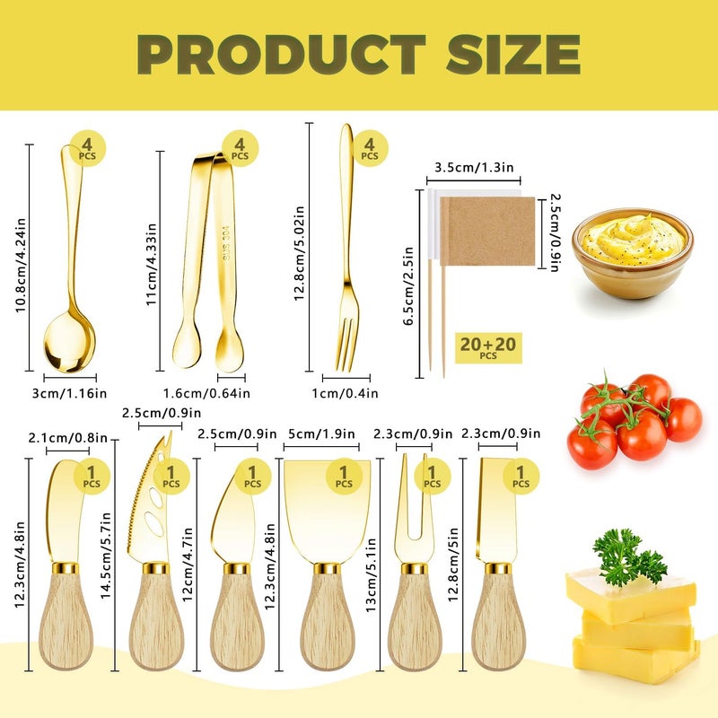 Mlurcu Charcuterie Boards Accessories Gold Charcuterie Utensils Cheese Butter Spreader Knife Set with Wooden Handles Small Serving Tongs Mini Forks and Spoons Flags Toothpick for Party Platter Appetizers - Image 2