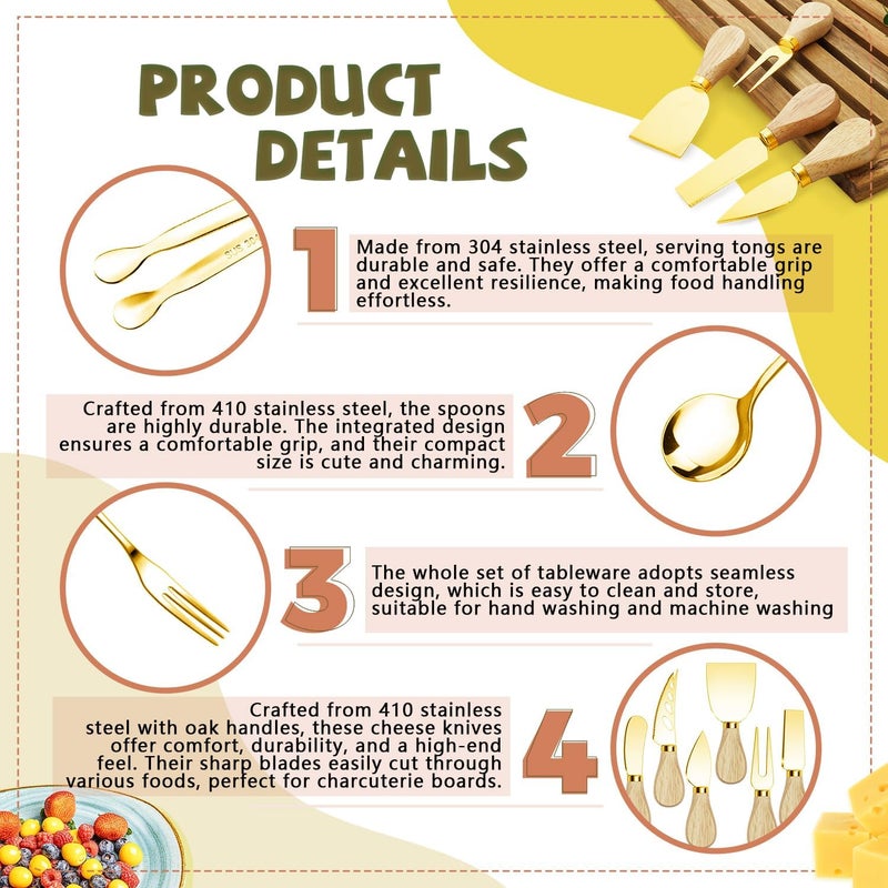 Mlurcu Charcuterie Boards Accessories Gold Charcuterie Utensils Cheese Butter Spreader Knife Set with Wooden Handles Small Serving Tongs Mini Forks and Spoons Flags Toothpick for Party Platter Appetizers - Image 3