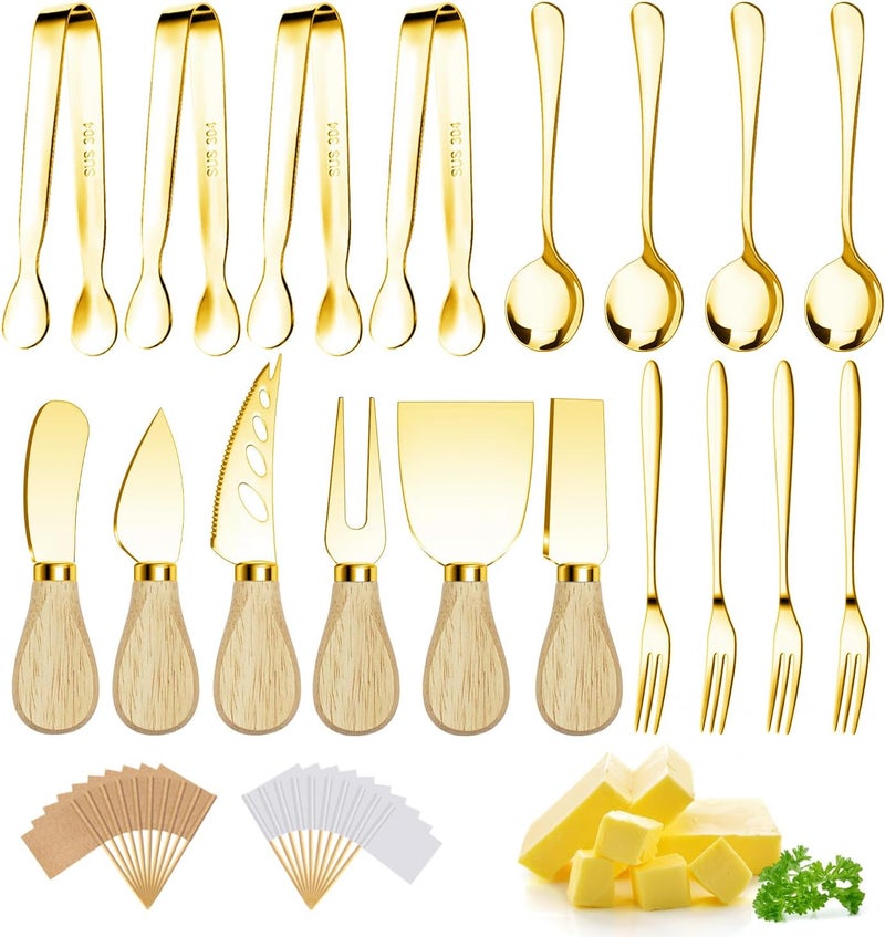 Mlurcu Charcuterie Boards Accessories Gold Charcuterie Utensils Cheese Butter Spreader Knife Set with Wooden Handles Small Serving Tongs Mini Forks and Spoons Flags Toothpick for Party Platter Appetizers - Image 1