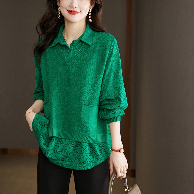 IllusionTopknit Spliced Shirt Womens 2024 Loose Fit Plus Size Cracker Khaki Hollow Lace Polo Collar Base Layer Top Brown  - Image 2