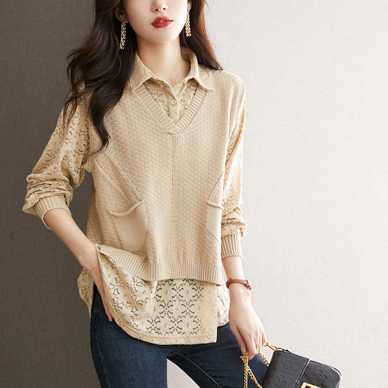 IllusionTopknit Spliced Shirt Womens 2024 Loose Fit Plus Size Cracker Khaki Hollow Lace Polo Collar Base Layer Top Brown  - Image 3