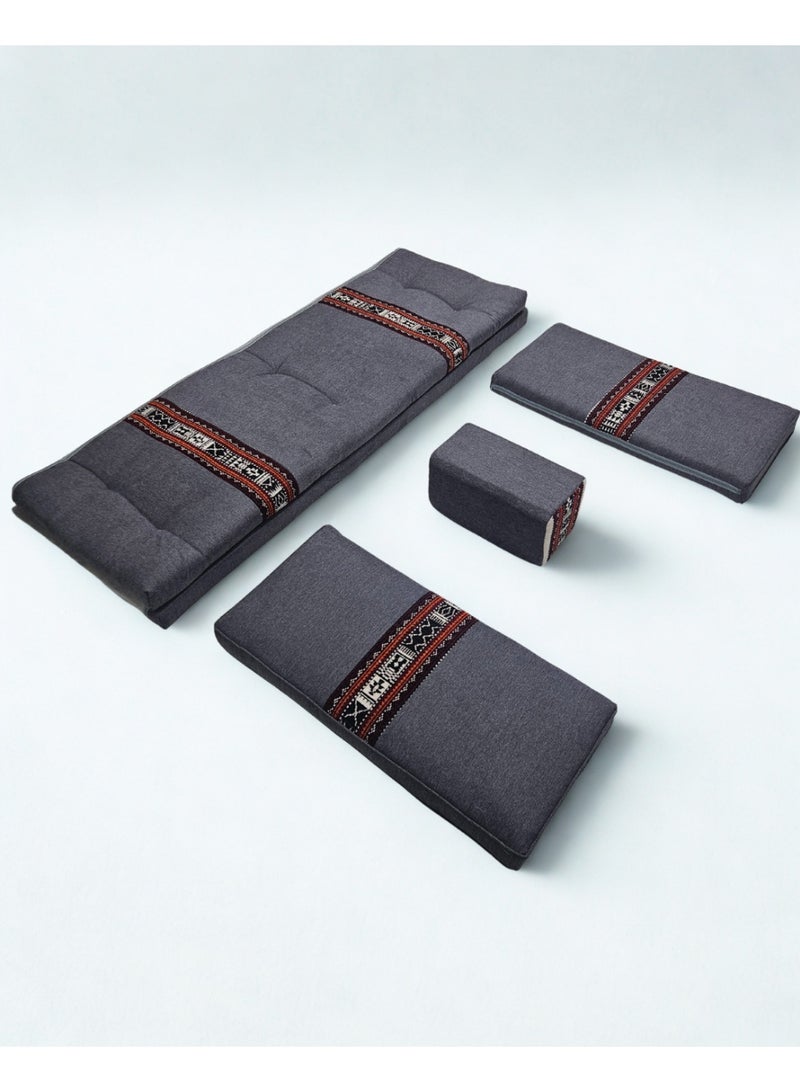 سمارت هوم جلسة أرضية تراثية عربية لأربعة أشخاص 4 قطع  بمقاس (طول 70 سم × عرض 200 سم × ارتفاع 60 سم) – مفروشات مجالس عربية مريحة مع مسند وظهر مزخرف – جلسة أرضية للمنزل، الضيوف، المخيمات والرحلات - مجلس يكفي 4 اشخاص - Image 4